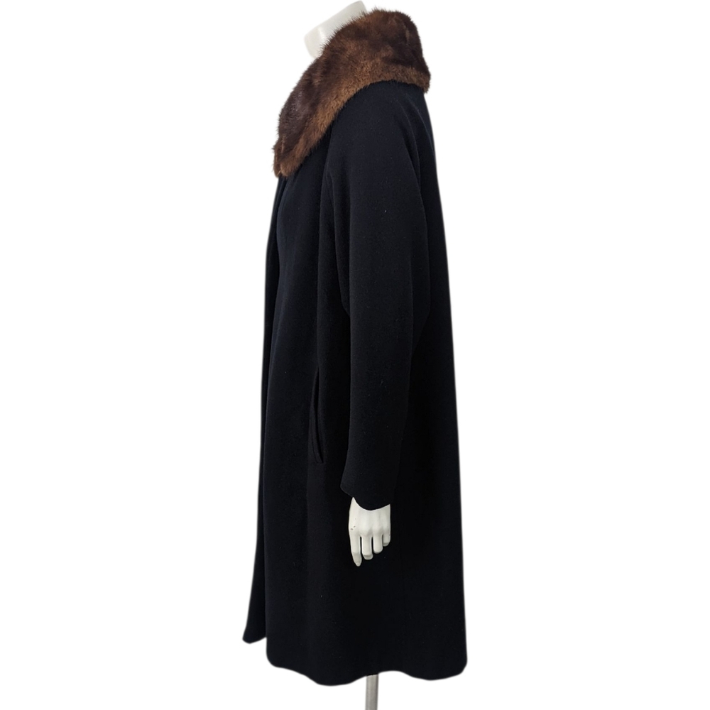 Vintage 60s Fur Collar Cashmere Coat Jacket Womens Medium Black Mink Brown - Picture 11 of 16